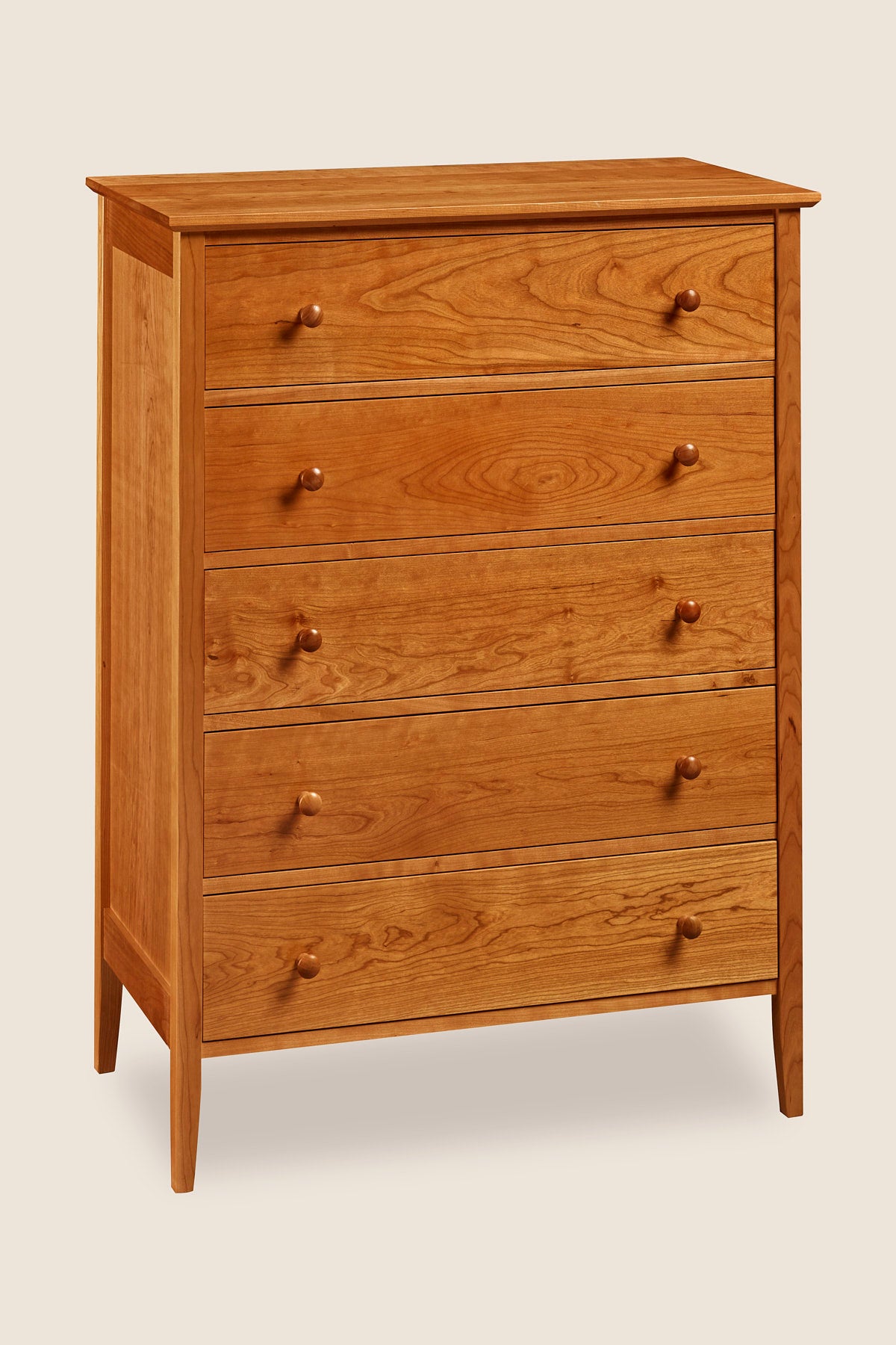 Shaker style, cherry wood five-drawer bedroom storage chest from Maine's Chilton Furniture Co.